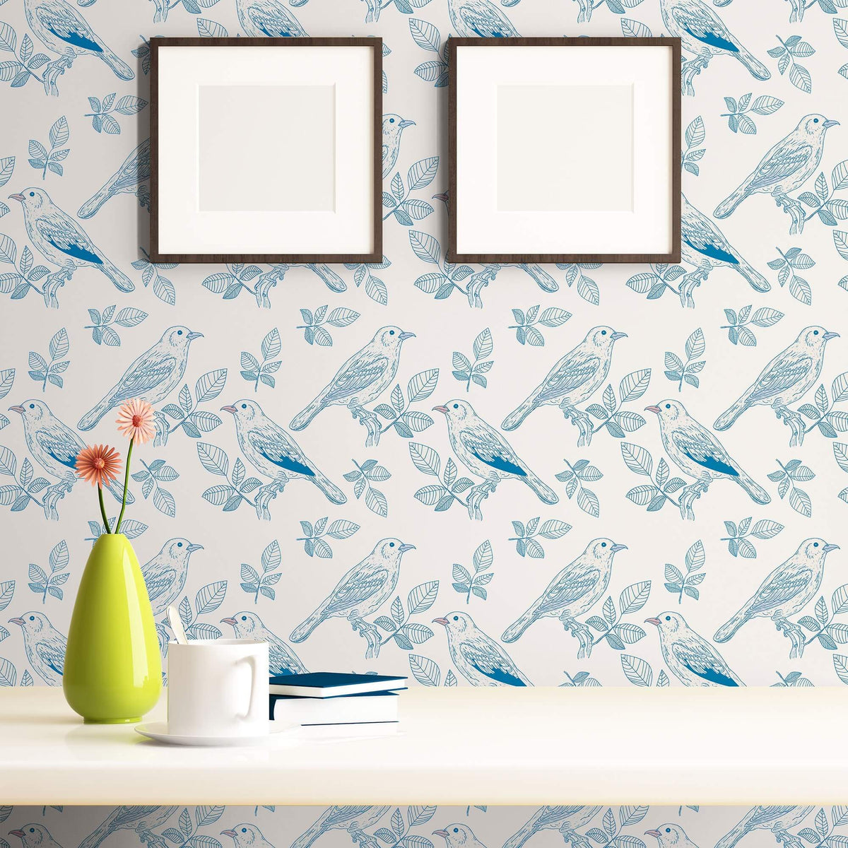 Peel & Stick Wallpaper: Bird and Floral Blue