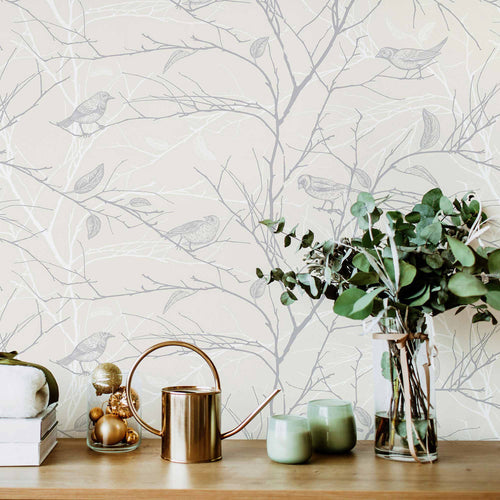 Graceful line drawings of birds and branches removable wallpaper