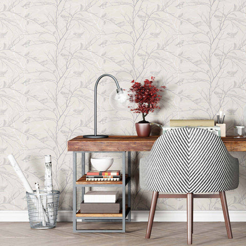 Graceful line drawings of birds and branches removable wallpaper