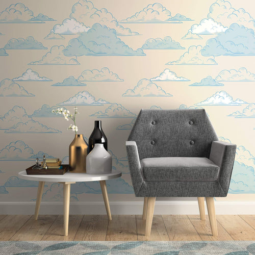 Blue and White Clouds Children Peel and Stick Removable Wallpaper