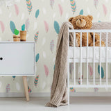 Cream and Teal Animals Baby Peel and Stick Removable Wallpaper