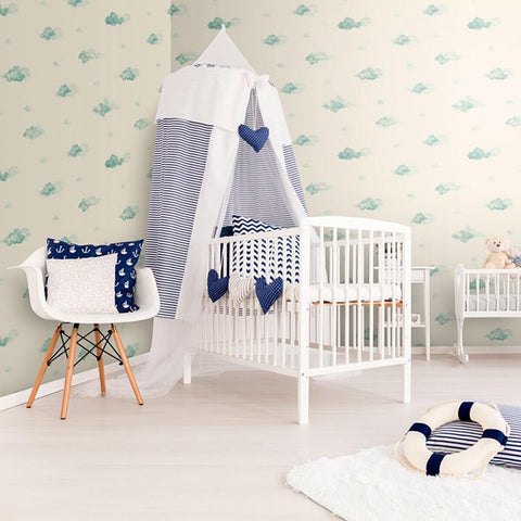 Aqua Blue Clouds Baby Peel and Stick Removable Wallpaper