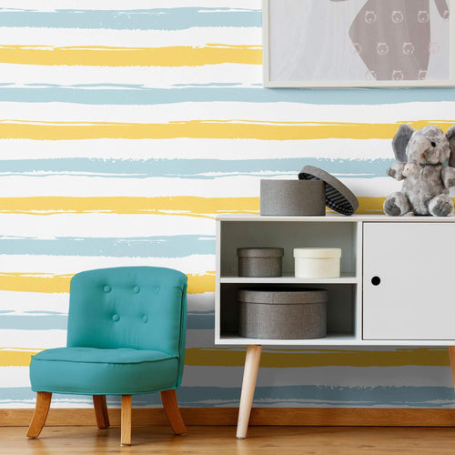 Blue and Yellow Striped Peel and Stick Removable Wallpaper