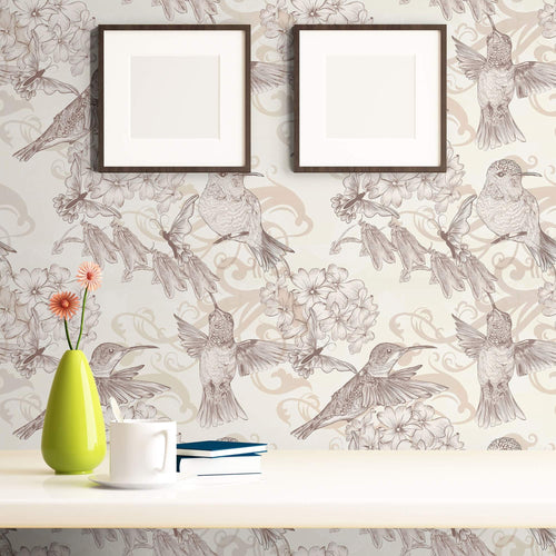 Beige Floral Animal Peel and Stick Removable Wallpaper