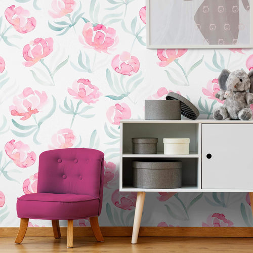 Pink and Red Watercolor Floral Removable Wallpaper 4698| Walls By Me