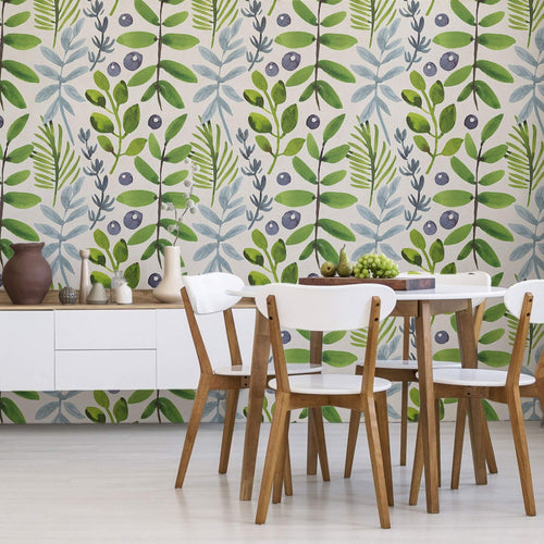 Green and purple Botanical Floral Peel and Stick Removable Wallpaper