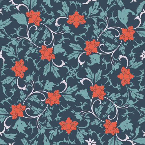 Overlaying a muted foliage pattern with bright red flowers removable wallpaper