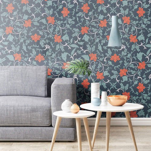 Overlaying a muted foliage pattern with bright red flowers removable wallpaper