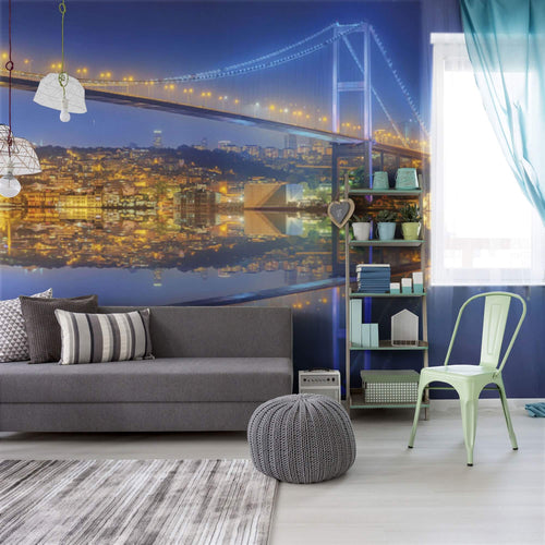 Gold and Blue Bridge Landscape Peel and Stick Removable Wall Mural 3406