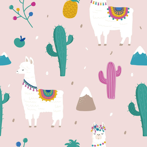 Pink Llama Themed Peel and Stick Removable Wallpaper