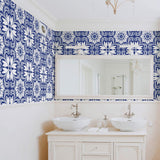 Blue Floral Tile Adhesive Peel and Stick Removable Wallpaper