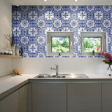 Blue Floral Tile Adhesive Peel and Stick Removable Wallpaper