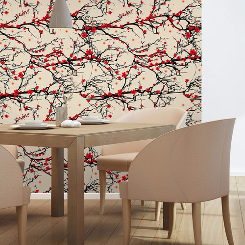 Black and Red Japanese Floral Peel and Stick Removable Wallpaper 9975
