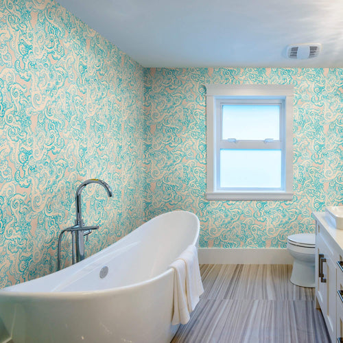 Beige and Blue Fish Nautical Peel and Stick Removable Wallpaper 9569