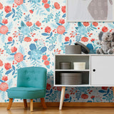 Blue and Orange Floral Peel and Stick Removable Wallpaper 9824