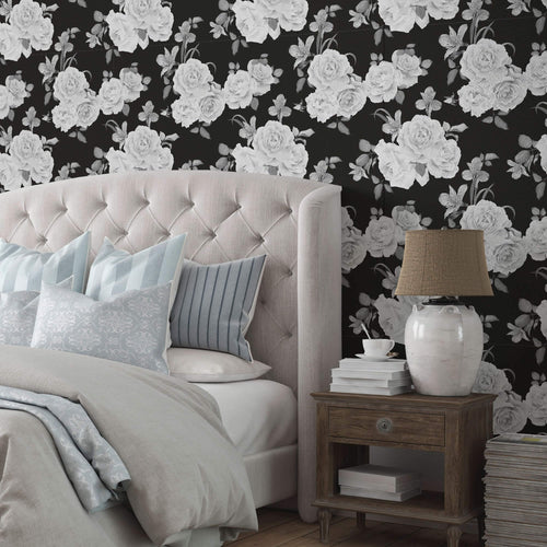Black and White Floral Peel and Stick Removable Wallpaper 9335