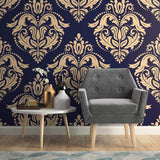Beige and Blue Damask Basic Peel and Stick Removable Wallpaper 6574