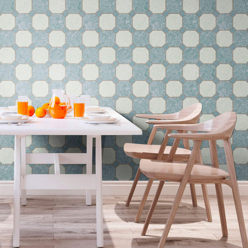 Beige and Blue Tile Tile Adhesive Peel and Stick Removable Wallpaper 2243