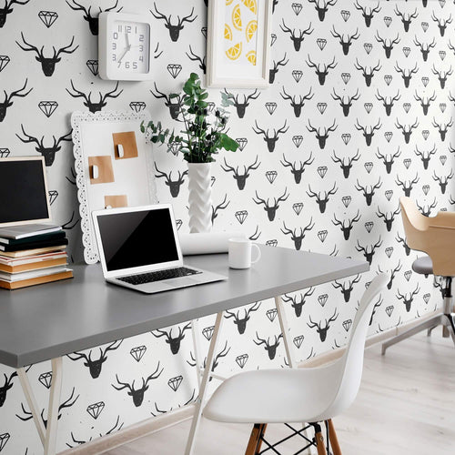 Black and White Deer Animal Peel and Stick Removable Wallpaper 1727