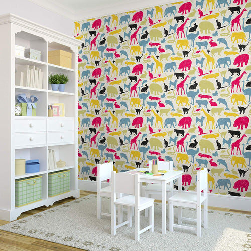 Blue and Fuchsia Animals Children Peel and Stick Removable Wallpaper 1920