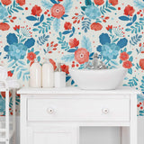 Blue and Orange Floral Peel and Stick Removable Wallpaper 9824