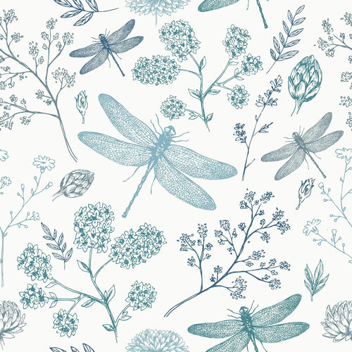 Navy Blue and Aqua Floral Animal Peel and Stick Removable Wallpaper 6672