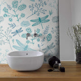 Navy Blue and Aqua Floral Animal Peel and Stick Removable Wallpaper 6672
