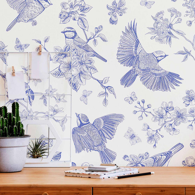 Blue Birds Peel and Stick Removable Wallpaper 4739