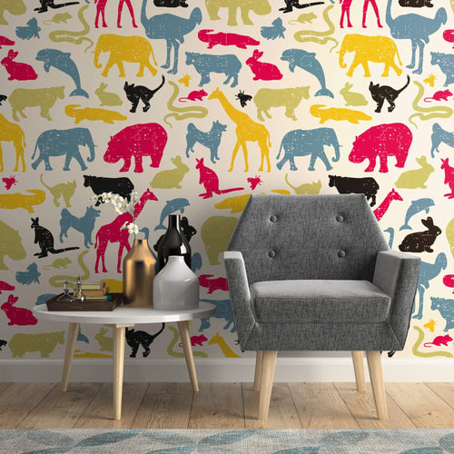 Blue and Fuchsia Animals Children Peel and Stick Removable Wallpaper 1920