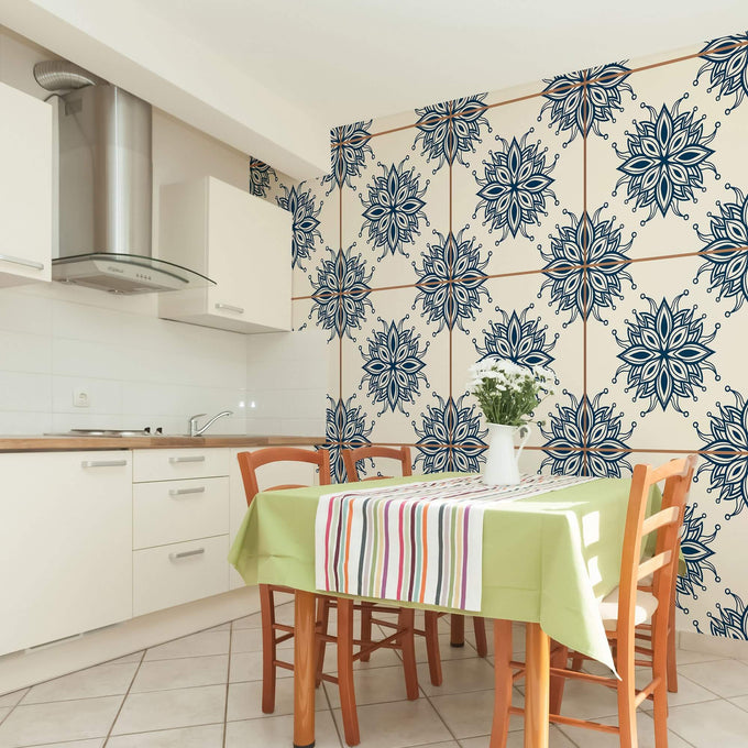 Blue Floral Tile Adhesive Peel and Stick Removable Wallpaper 030i