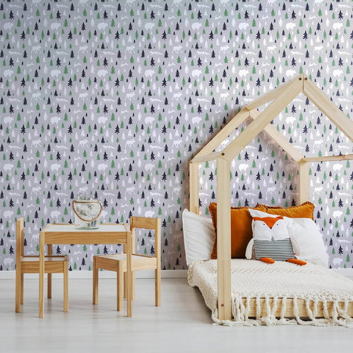 Green and Grey Forest Baby Peel and Stick Removable Wallpaper 3402