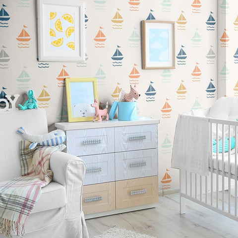 White and Orange Boats Baby Peel and Stick Removable Wallpaper 6023