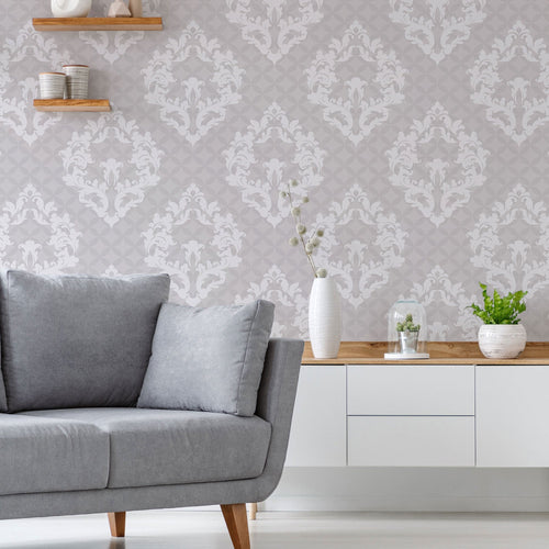 Grey Damask Peel and Stick Removable Wallpaper 1864
