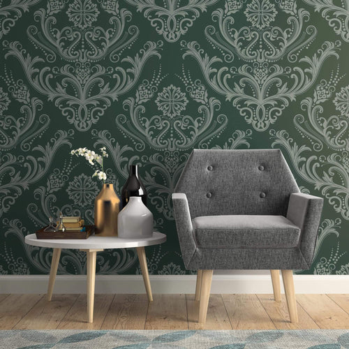 Green Damask Basic Peel and Stick Removable Wallpaper 6296