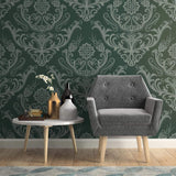 Green Damask Basic Peel and Stick Removable Wallpaper 6296
