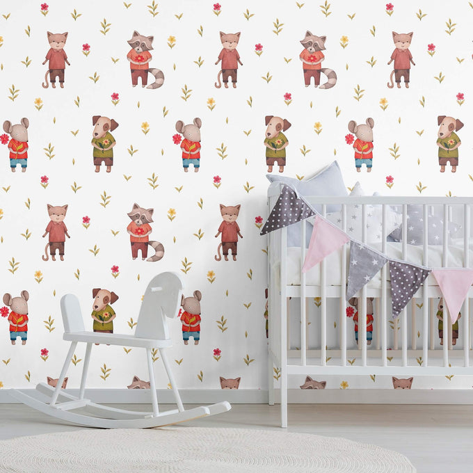 Green and Red Animals Children Peel and Stick Removable Wallpaper 0340