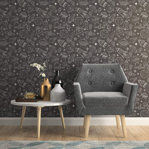 Gray Space Children Peel and Stick Removable Wallpaper 8684