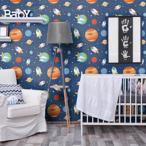 Blue and Brown Space Children Peel and Stick Removable Wallpaper 0565