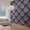 Beige and Blue Damask Basic Peel and Stick Removable Wallpaper 6574