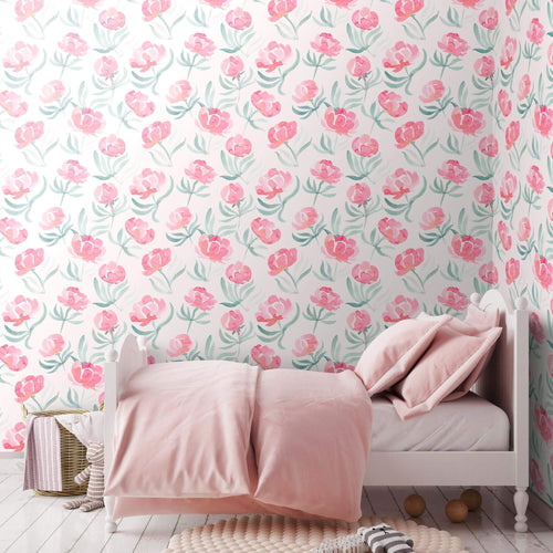 Pink and Red Watercolor Floral Peel and Stick Removable Wallpaper 4698