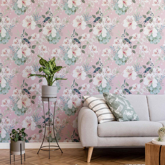 Pink Flowers Peel and Stick Removable Wallpaper 1136