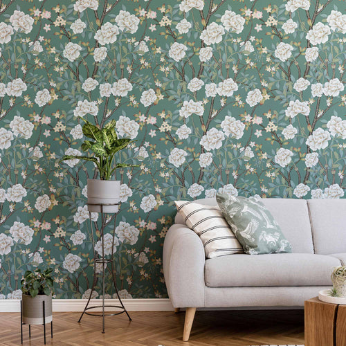 Green Flowers Peel and Stick Removable Wallpaper 2863