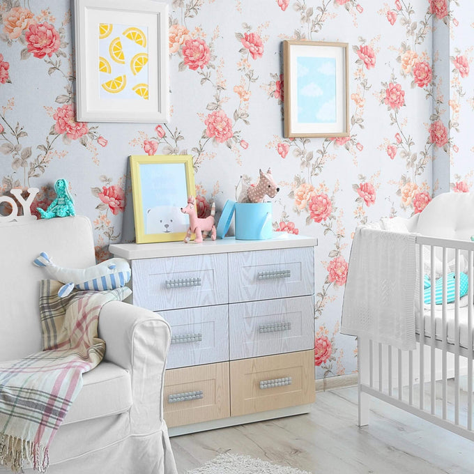 Pink and Blue Textured Floral Peel and Stick Removable Wallpaper 0607