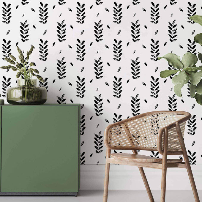 Black and White Leaves Peel and Stick Removable Wallpaper 9883