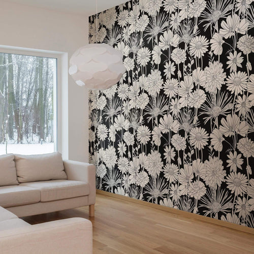 White and Black Hand Drawn Floral Peel and Stick Removable Wallpaper 5539