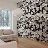 White and Black Hand Drawn Floral Peel and Stick Removable Wallpaper 5539