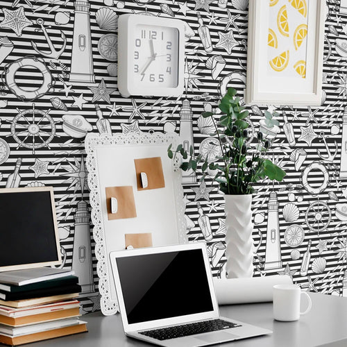 White Striped Nautical Peel and Stick Removable Wallpaper 2936