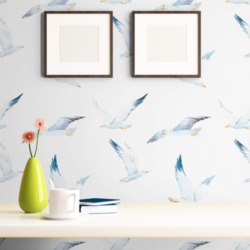 White and Blue Bird Nautical Peel and Stick Removable Wallpaper 4401