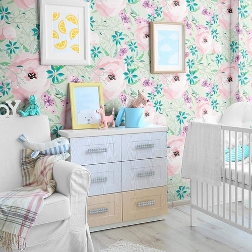 Purple and Emerale Motif Floral Peel and Stick Removable Wallpaper 2866