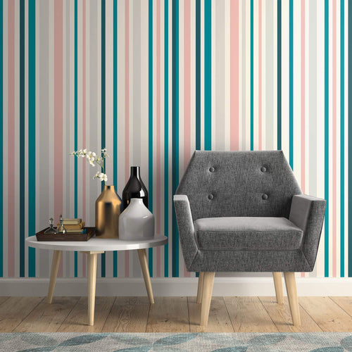 Teal and White Striped Peel and Stick Removable Wallpaper 0297